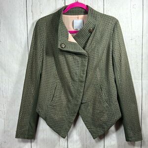 Addison Womens Asymmetrical Perforated Pockets Olive Green Snap Button Jacket